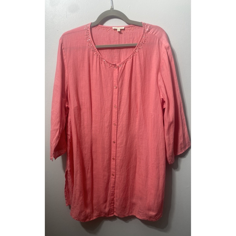 Eileen Fisher Irish Linen Shirt Women's 1X Coral Button Up‎ Coastal Beach Artsy